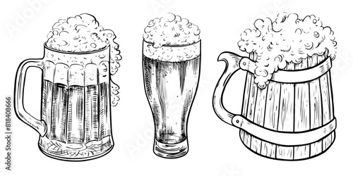 A set of beer mugs. Vintage vector engraving for web pages, posters, party invitations. A hand-drawn design element highlighted on a white background. For pub or restaurant menus, label, poster, logo.