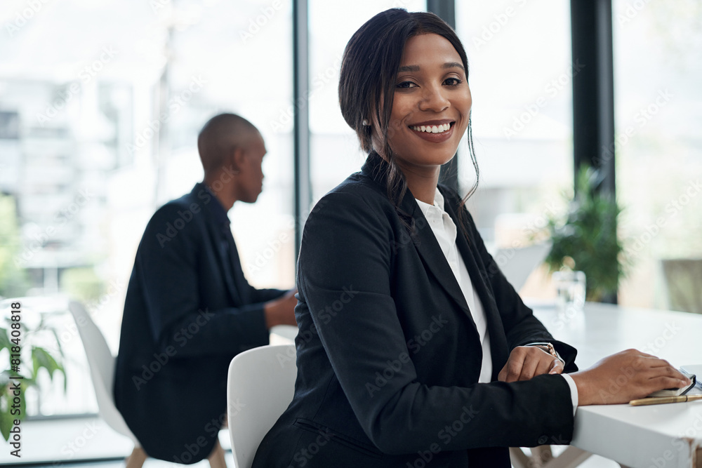 Happy black woman, portrait and accountant with career ambition for finance at office or agency. African, female person or financial advisor with smile in confidence for profit, growth or revenue Happy black woman, portrait and accountant with career ambition for finance at office or agency. African, female person or financial advisor with smile in confidence for profit, growth or revenue