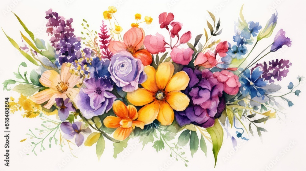 Fototapeta premium Vibrant watercolor illustration of a bouquet of wildflowers in various hues of purple, yellow, and orange