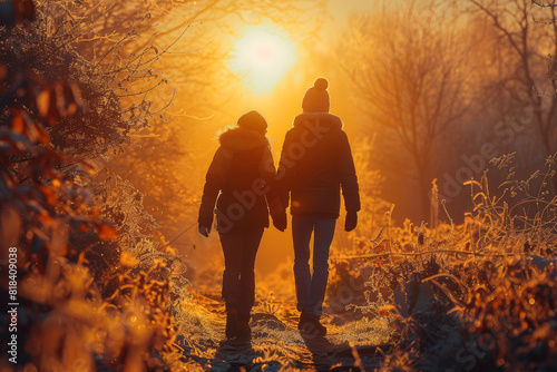 A pair of friends walking hand in hand along a sunlit path, sharing laughter and stories along the way. Concept of companionship and camaraderie. Generative Ai.
