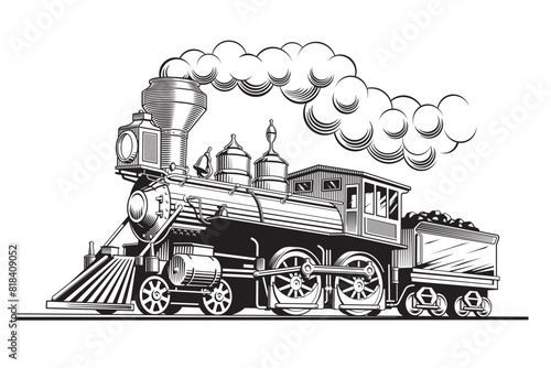 Retro steam train locomotive, vintage engraving style vector illustration