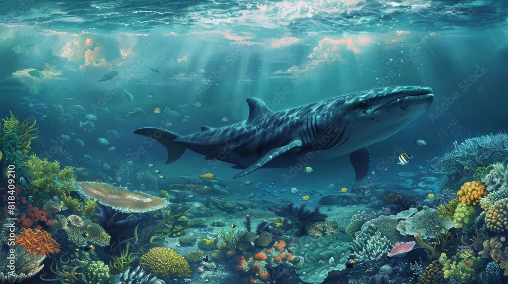 Naklejka premium Fragile Ecosystems: Illustration of Ocean Acidification Impacting Marine Life Below the Surface