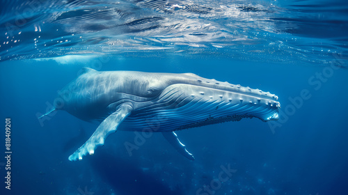 A blue whale surfacing gracefully from the depths of the ocean