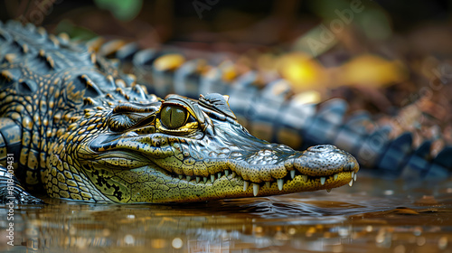 A crocodile basking on the banks of a murky river photo