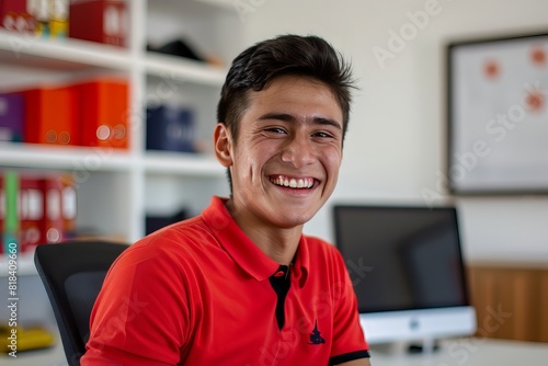 A young mexican community manager wearing a red polo shirt in a white office, laugh