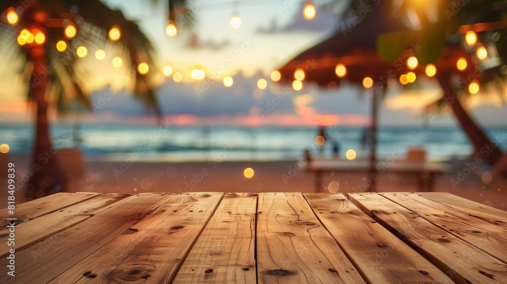 Wooden Table With Blurry Beach Background