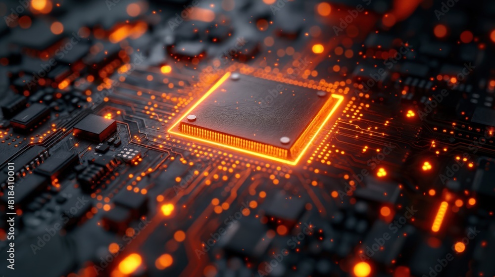 close-up of glowing computer chip with circuits in futuristic design close-up of glowing computer chip with circuits in futuristic design