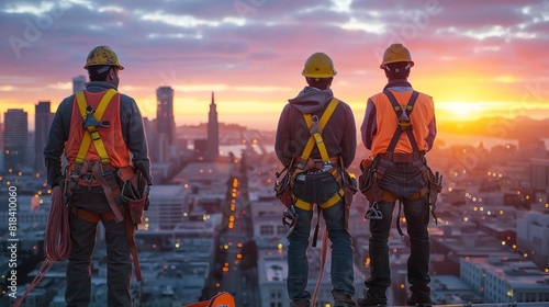 Construction team wearing safety harnesses coordinating on a high rooftop, urban landscape photo