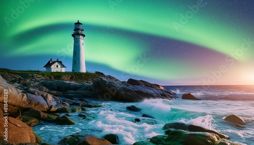 lighthouse in the sea. Gentle waves lapping against a rocky shore  a lighthouse standing tall  a sky full of stars