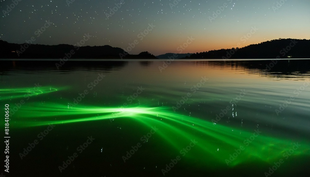 view of the lake. The stars reflecting on the still water, with faint moonlight casting a serene glow. 