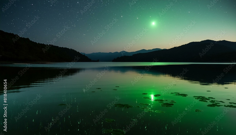 view of the lake. The stars reflecting on the still water, with faint moonlight casting a serene glow. view of the lake. The stars reflecting on the still water, with faint moonlight casting a serene glow.
