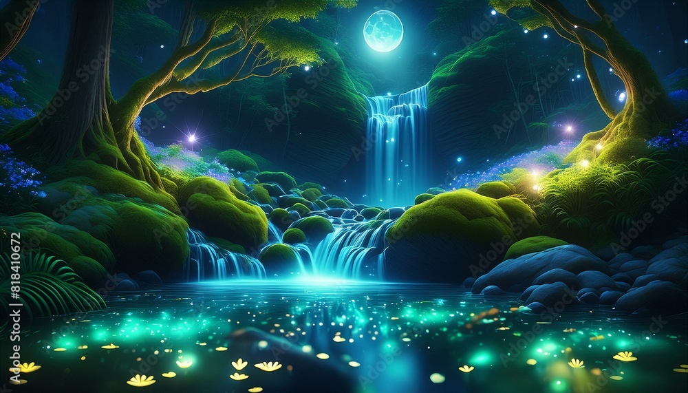 Water cascading down rocks, a pool of water at the base reflecting the moon, fireflies Flitt Water cascading down rocks, a pool of water at the base reflecting the moon, fireflies Flitt