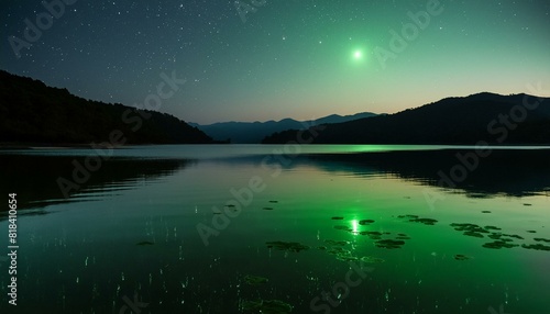 view of the lake. The stars reflecting on the still water, with faint moonlight casting a serene glow. 