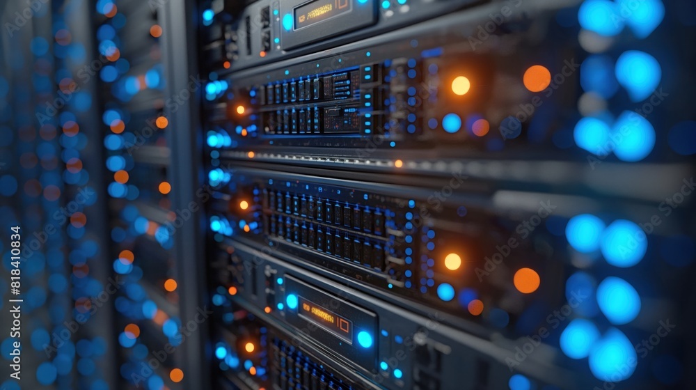 Close-Up of Server Racks with LED Lights