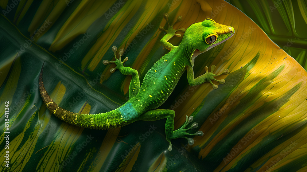 Fototapeta premium A green gecko perched on a vibrant tropical leaf