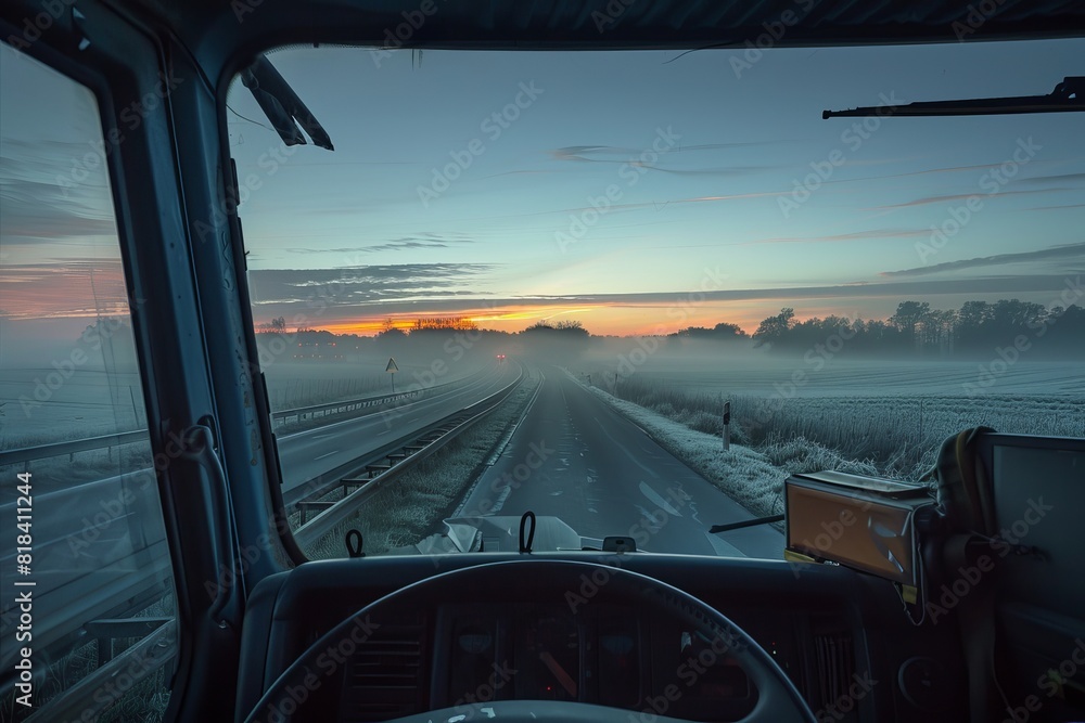 Naklejka premium View from the drivers seat of a truck at Sunset