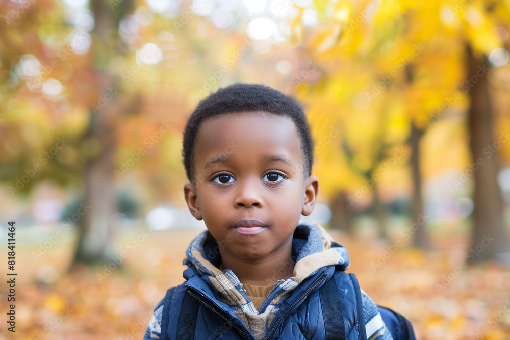 Happy Black Boy with Backpack Outside Ready for Back to School or Hiking Adventure Happy Black Boy with Backpack Outside Ready for Back to School or Hiking Adventure