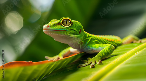 A green gecko perched on a vibrant tropical leaf
