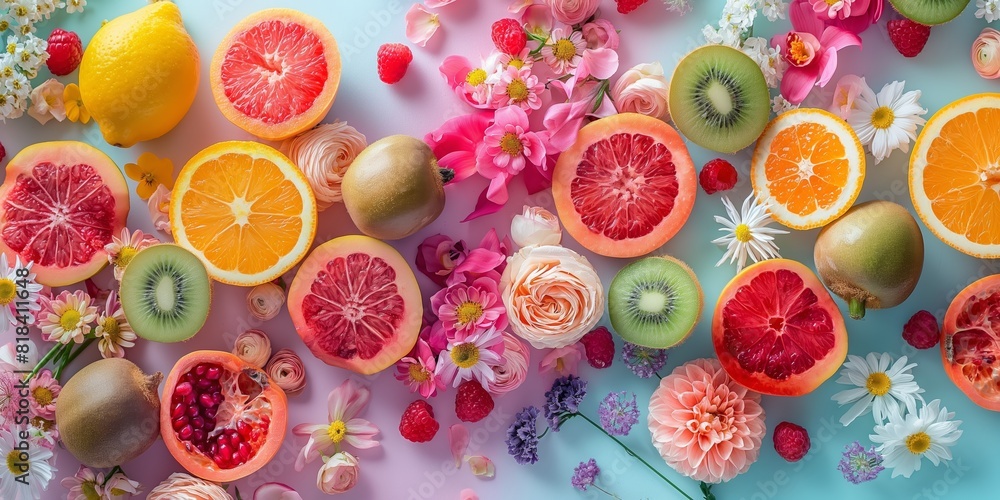 Flat lay with sliced fresh citrus fruits and bright pink flowers arranged meticulously on colorful background. Flat lay with sliced fresh citrus fruits and bright pink flowers arranged meticulously on colorful background.