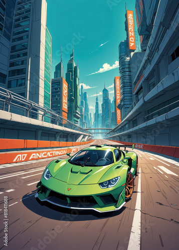 Comic book style Race Car in a futuristic city 
