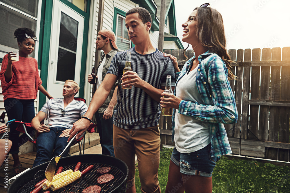 Φωτογραφία Friends, group and drinking in garden with bbq for social event, party and celebration with laughing in home