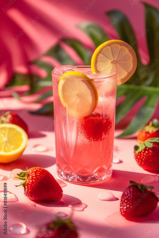 A glass of fizzy strawberry lemonade with ice cubes, garnished with fresh fruit, on a pink background with shadows of palm leaves. A glass of fizzy strawberry lemonade with ice cubes, garnished with fresh fruit, on a pink background with shadows of palm leaves.