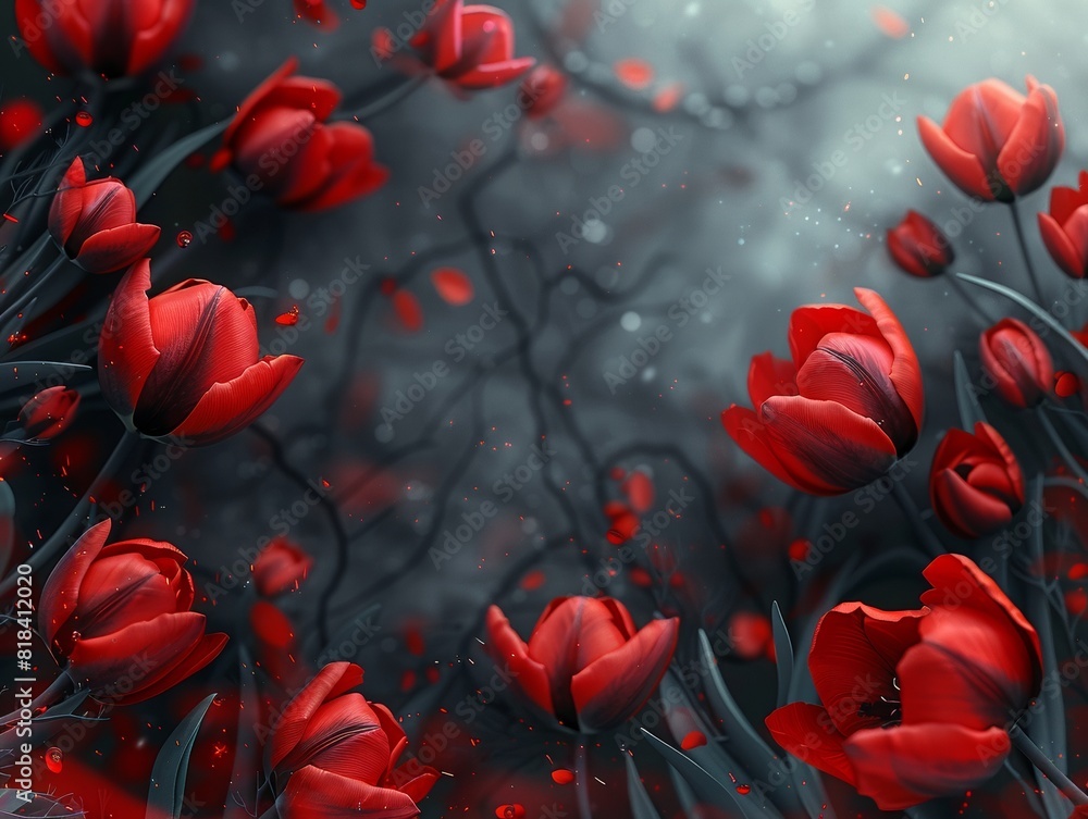 Beautiful red tulips framing a dark background with magic sparkling atmosphere. Beautiful red tulips framing a dark background with magic sparkling atmosphere.