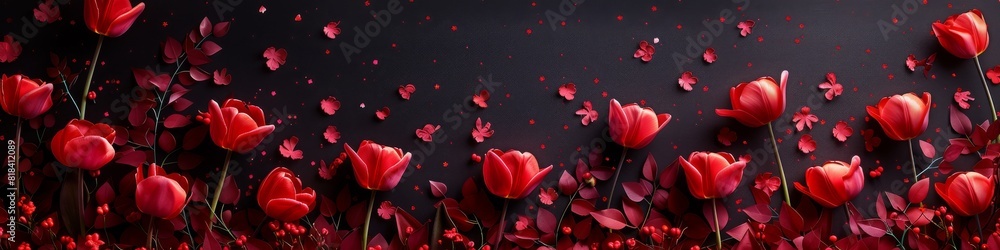 Beautiful red tulips framing a dark background with magic sparkling atmosphere. Beautiful red tulips framing a dark background with magic sparkling atmosphere.