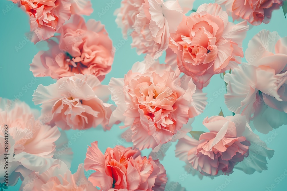 A beautiful array of peach-colored carnations set against a soothing blue background in a soft, aesthetic composition. A beautiful array of peach-colored carnations set against a soothing blue background in a soft, aesthetic composition.