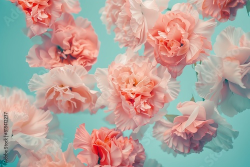 A beautiful array of peach-colored carnations set against a soothing blue background in a soft, aesthetic composition.