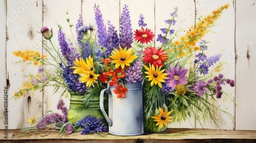 Watercolor painting of a vibrant bouquet of wildflowers in a rustic vase