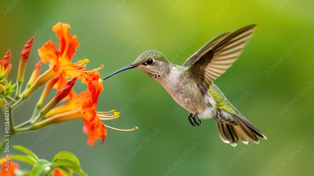 Fototapeta premium hummingbird is sucking nectar from an orange flower, blurry green background