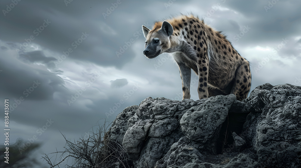 Fotobehang Hyena A hyena surveying the African savannah from a rocky outcrop #818413071