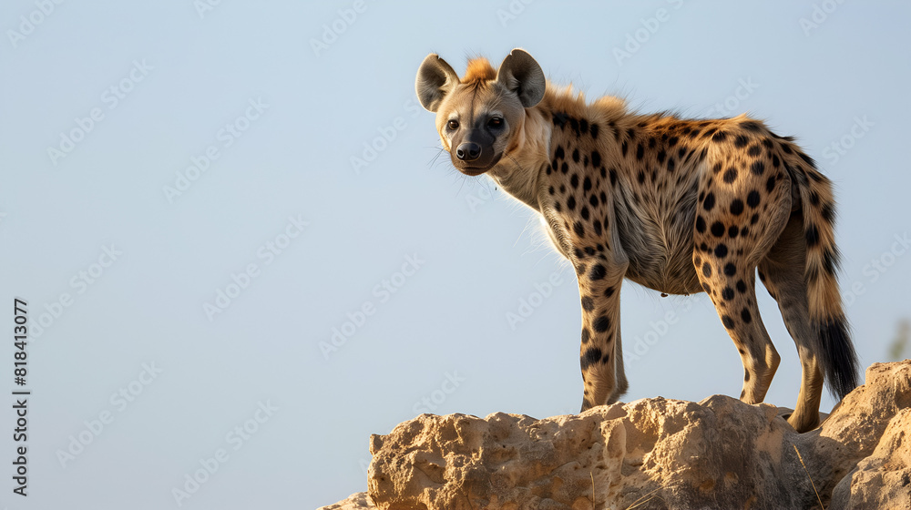 A hyena surveying the African savannah from a rocky outcrop A hyena surveying the African savannah from a rocky outcrop