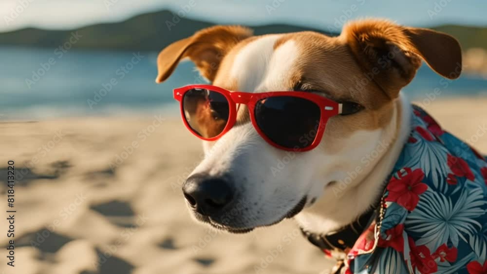 A dog wearing sunglasses and hawaiian shirt, dog soaking up the sun and taking a snooze. Concept of vacation and tourism, close-up of shooting A dog wearing sunglasses and hawaiian shirt, dog soaking up the sun and taking a snooze. Concept of vacation and tourism, close-up of shooting