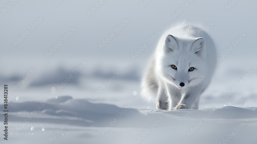 An Arctic fox prowling across a snowy landscape An Arctic fox prowling across a snowy landscape