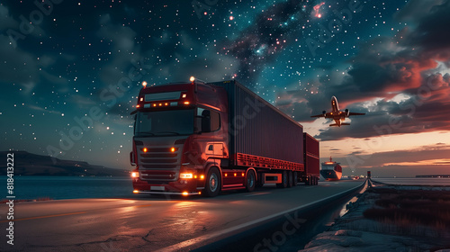 Photography style of international logistics with container trucks on the road airplane on the sky container ships on the sea with white and map of the world background