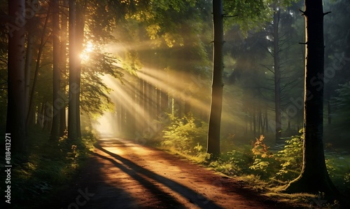 Mysterious forest in the rays of the rising sun. Colorful autumn landscape