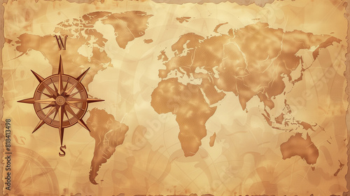 World Map With Ancient Compass