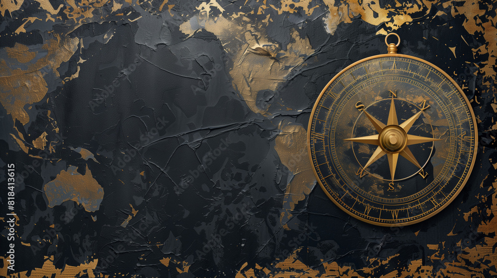 Naklejka premium Gold Compass on Black Background