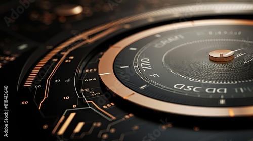 Close-up of metallic surfaces with futuristic digital display overlays