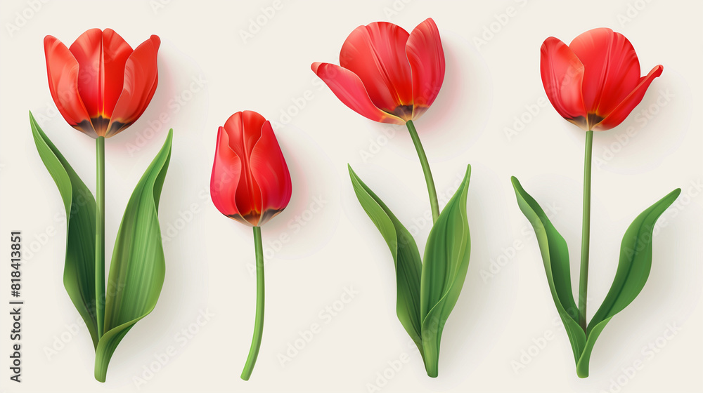 Four Red Tulips With Green Leaves on a White Background Four Red Tulips With Green Leaves on a White Background