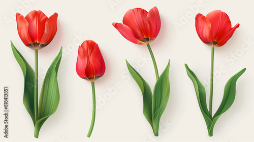 Wallpaper Mural Four Red Tulips With Green Leaves on a White Background Torontodigital.ca