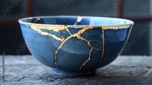 A bowl with gold trim and a crack in it
