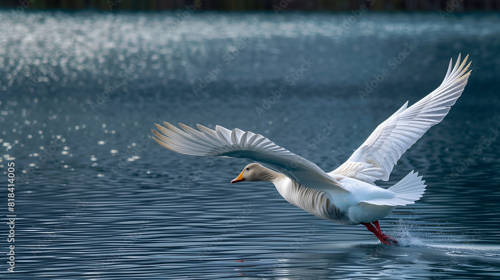 A goose gracefully gliding across the surface of a tranquil lake A goose gracefully gliding across the surface of a tranquil lake