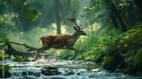 A deer gracefully leaping over a babbling brook photo