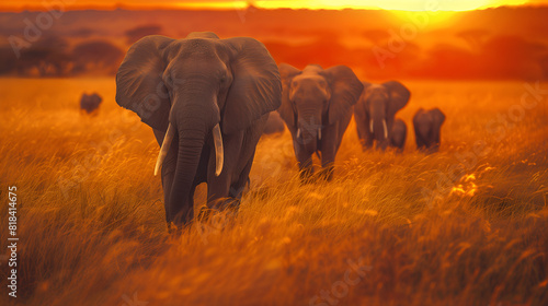 An elephant matriarch leading her herd through the golden grasslands of the African savannah