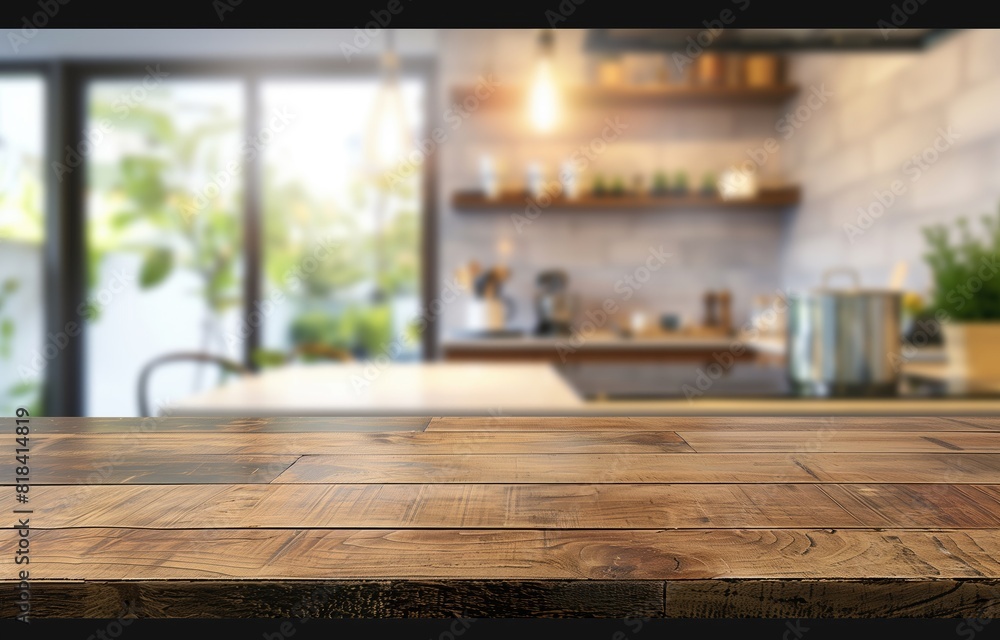 The wooden table in the foreground adds warmth, while the sleek kitchen design in the background exudes modernity.