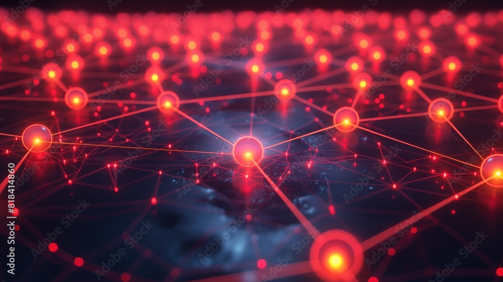 Abstract Network Nodes with Glowing Red Connections on Dark Background Abstract Network Nodes with Glowing Red Connections on Dark Background