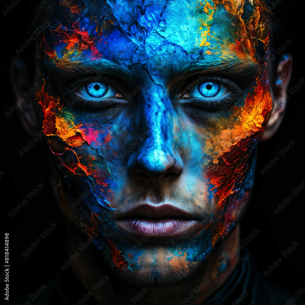 A man with striking blue eyes and a colorful, textured face that resembles a painting or sculpture. His expression is neutral, and he appears to be looking directly at the camera. A man with striking blue eyes and a colorful, textured face that resembles a painting or sculpture. His expression is neutral, and he appears to be looking directly at the camera.